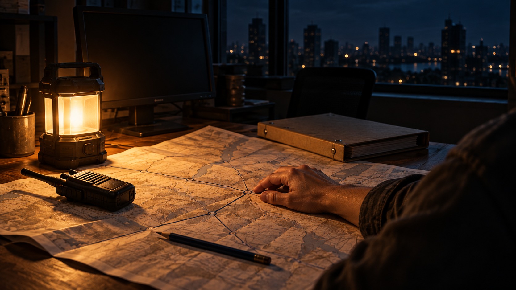 A battery lantern lights a paper map, radio and operator’s hand beside a dark monitor.