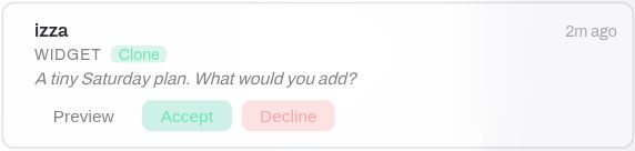 A real MindSpace invitation from Izza: A tiny Saturday plan. What would you add? The recipient can preview, accept or decline.